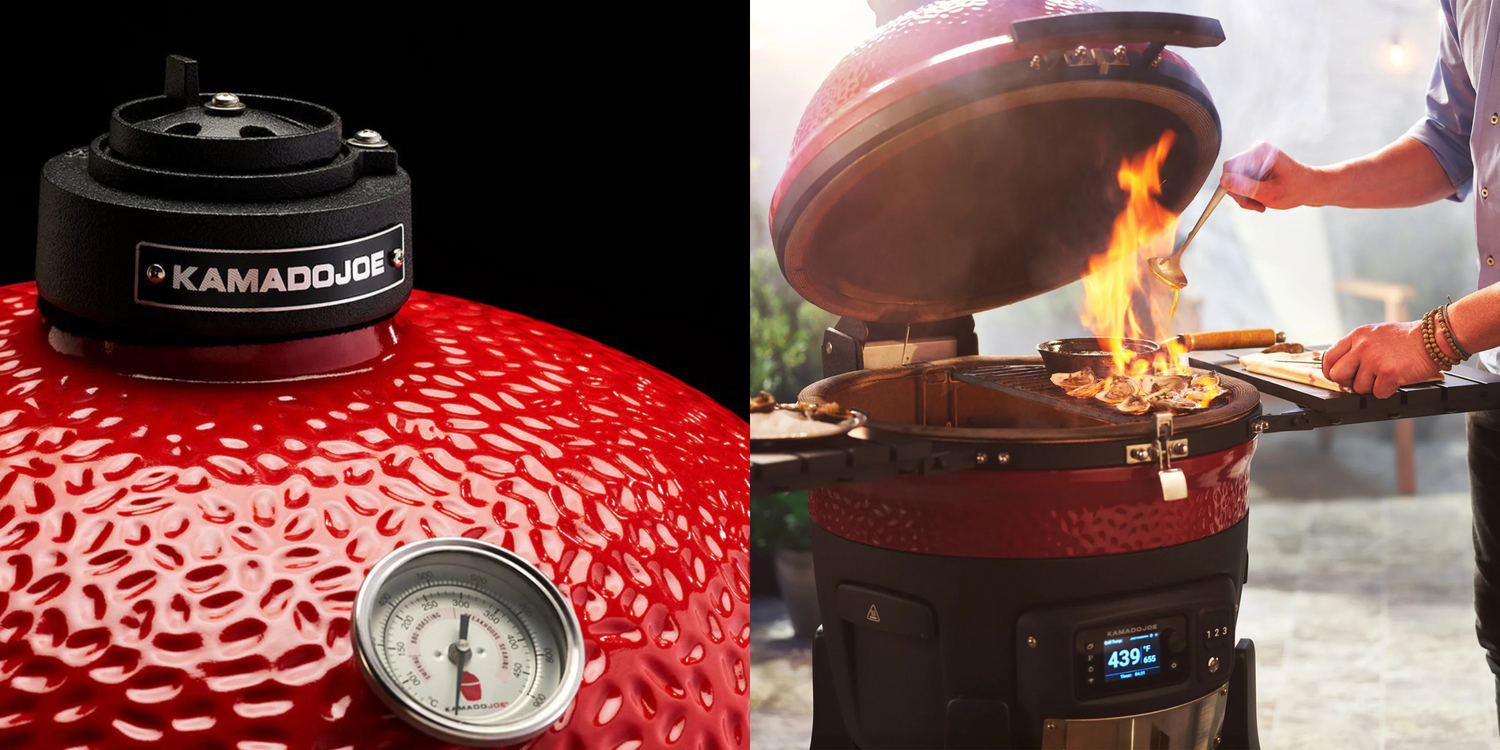 Kamado Joe Keramikgrill in Nahaufnahme und im Einsatz mit offener Flamme beim Grillen