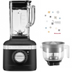 Standmixer K400 in der KitchenAid Farbe Gusseisen Schwarz, daneben ein passender Zitruspressenaufsatz und ein Rezeptbuch als Set auf weißem Hintergrund