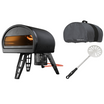 Set aus schwarzem Gozney Roccbox Pizzaofen, einer passenden Gozney Abdeckhaube und einem Gozney Turningpeel auf weißem Hintergrund