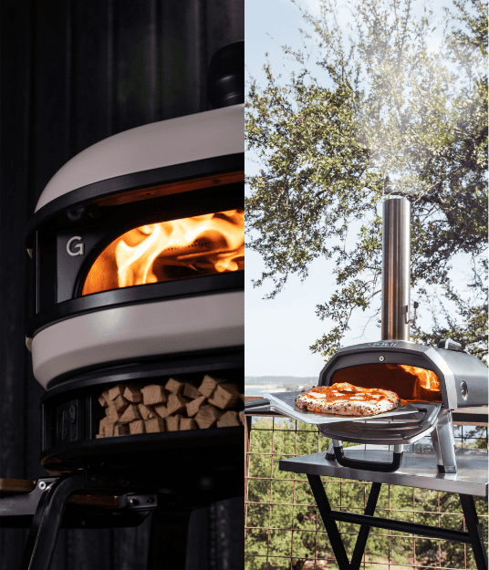 Gespaltenes Bild, links Gozney Dome Pizzaofen in dunkler Garage, rechts Ooni Pizzaofen am Strand