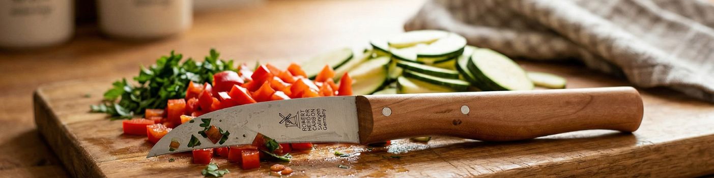 Ein Küchenmesser der Marke Windmühlenmesser liegt auf einem Holzschneideblock zusammen mit frisch geschnittenen Gemüse