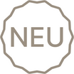 Schriftzug NEU mit gezacktem Kreis in beige auf weißem Hintergrund