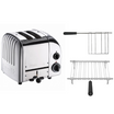 Dualit Toaster in poliertem Metall als Set mit Brötchenaufsatz und Sandwichzange auf weißem Hintergrund
