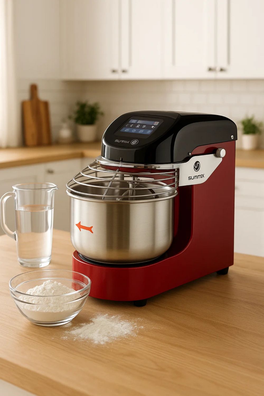 Rote Sunmix Küchenmaschine steht auf heller Holzküchenplatte auf einer Kücheninsel, daneben eine Kanne Wasser und eine Schüssel Mehl