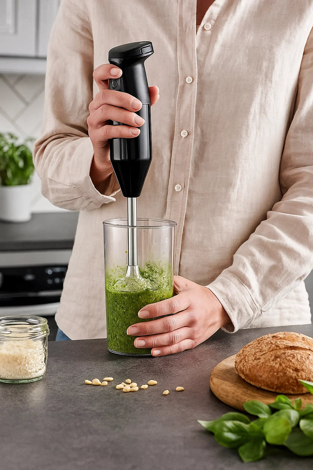ESGE Cordless Stabmixer mit grünem Pesto