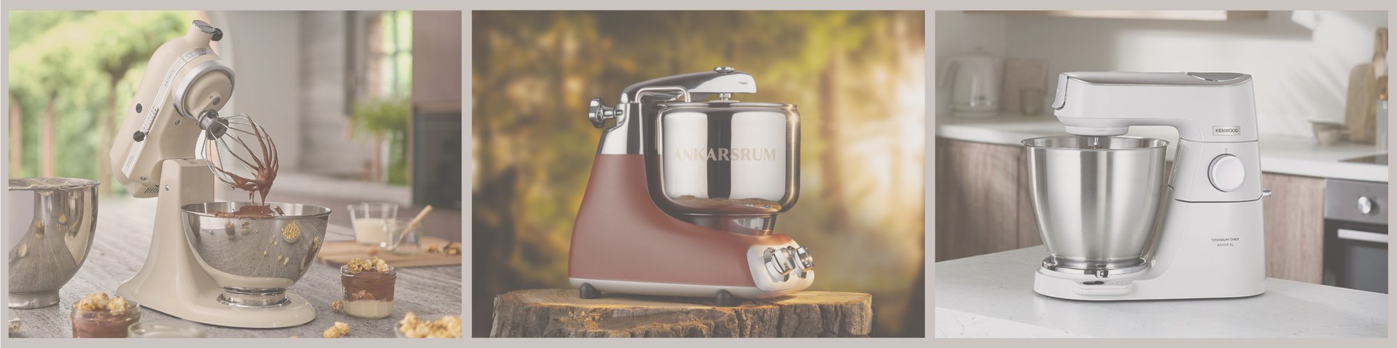 Collage bestehend aus Produktbildern mit KitchenAid Artisan Küchenmaschine und Ankarsrum Original Küchenmaschine