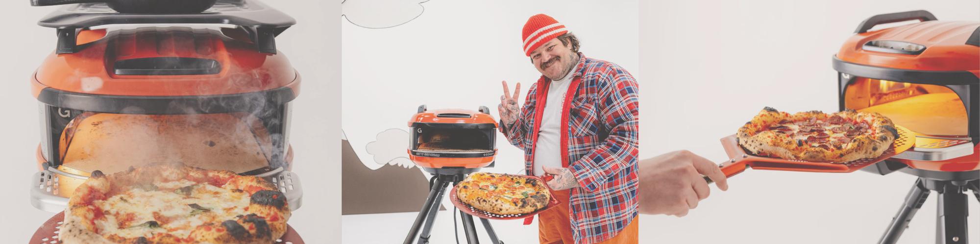 Dreiteilige Collage des Gozney Tread Pizzaofens Matty Matheson Limited Edition in verschiedenen Nutzungsszenarien.