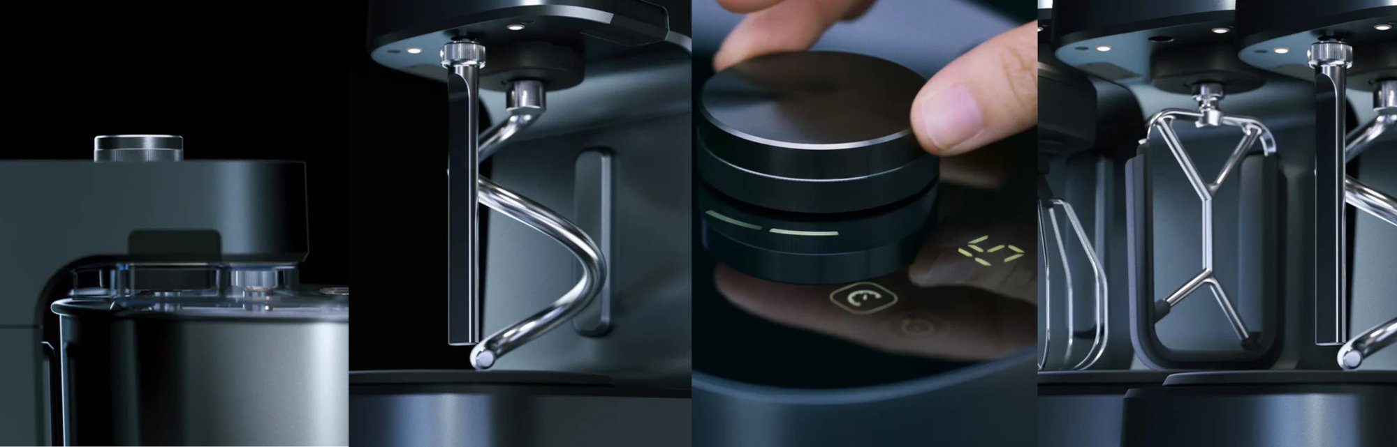 Vier verschiedene Detailaufnahmen von den Funktionen der OOoni Halo Pro Spiral Mixer n der Farbe Grau werden präsentiert.