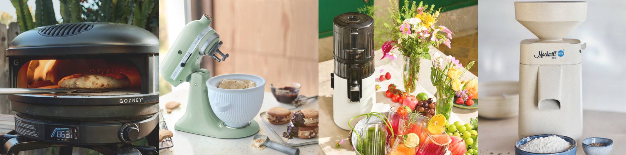 Vierteilige Collage mit einem Gozney Pizzaofen, KitchenAid Kuechenmaschine, Hurom Entsafter sowie einer Mockmill 200. Die verschiedenen Produkte werden in ihren Bildern mit den Anwendungszwecken in Szene gesetzt.