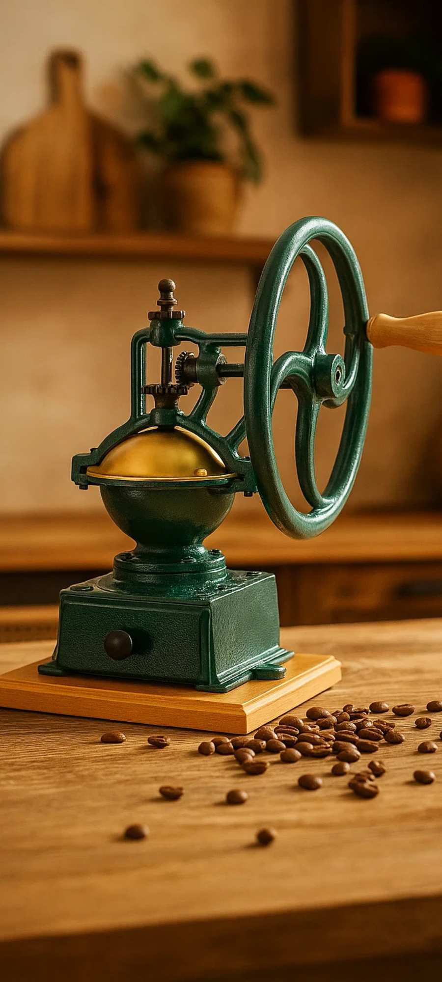 Tre Spade Kaffeemühle MC 140 mit Schwungrad in der Farbe Grün mit goldener Verzierung steht auf einem Holztisch auf dem einige Kaffeebohnen verstreut liegen