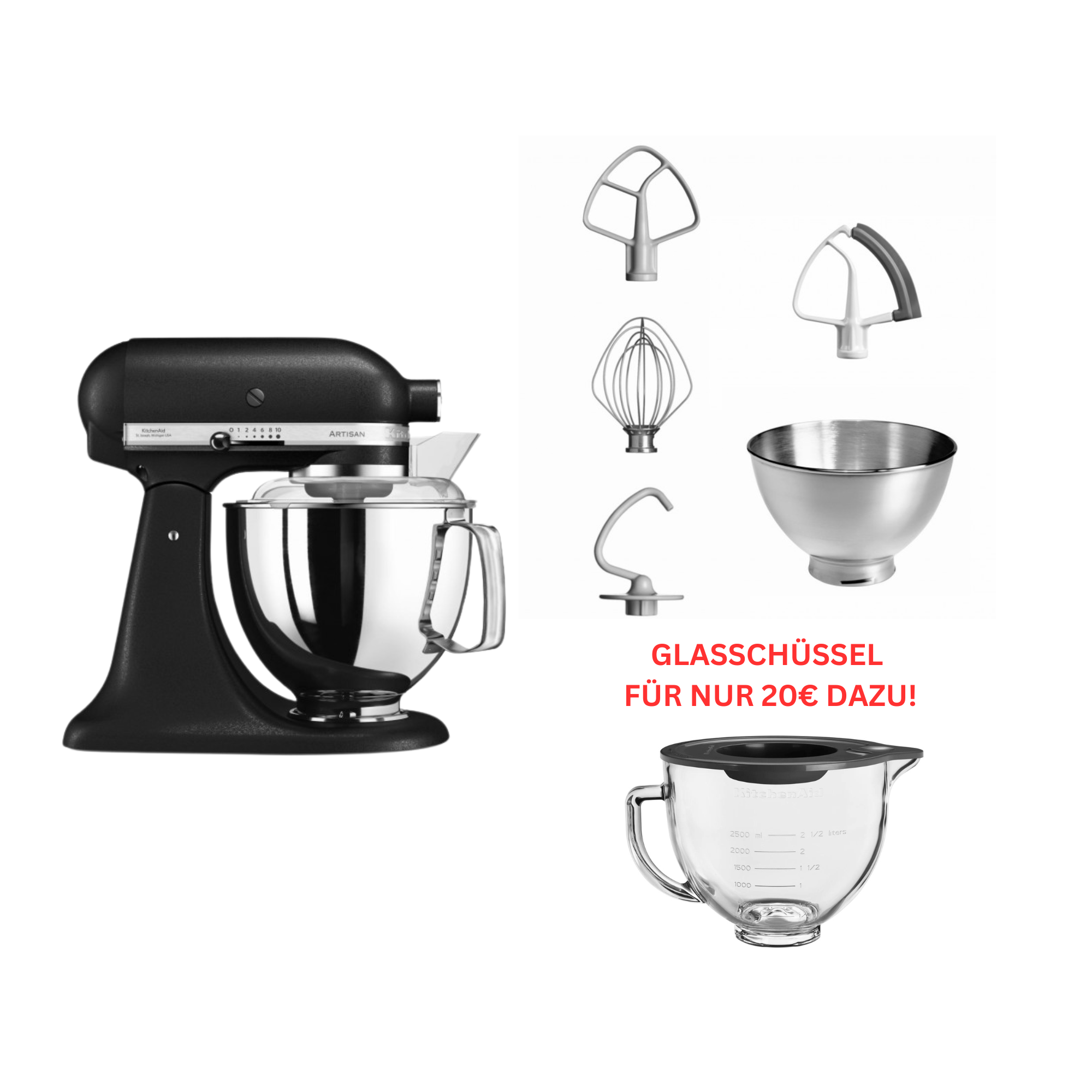 KitchenAid 4,8 L 5KSM175EBK Artisan Küchenmaschine mit Glasschüssel Gusseisen Schwarz-Default