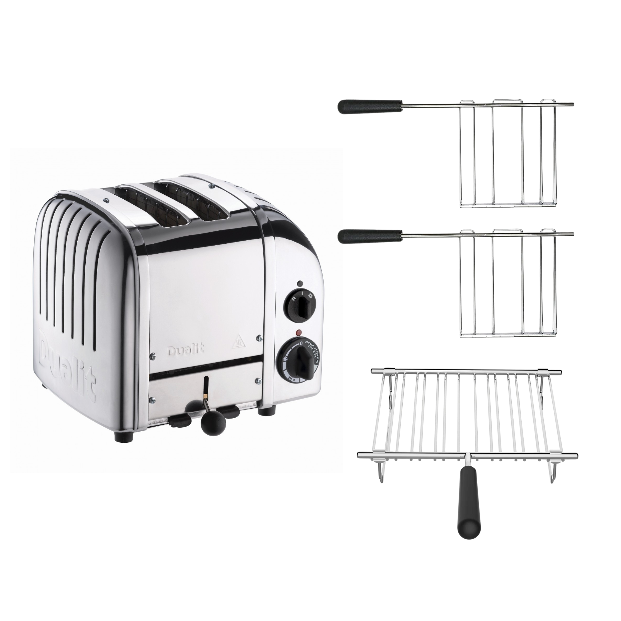 Dualit Toaster Paket 3, 2er Toaster mit Brötchenaufsatz und zwei Sandwichzangen