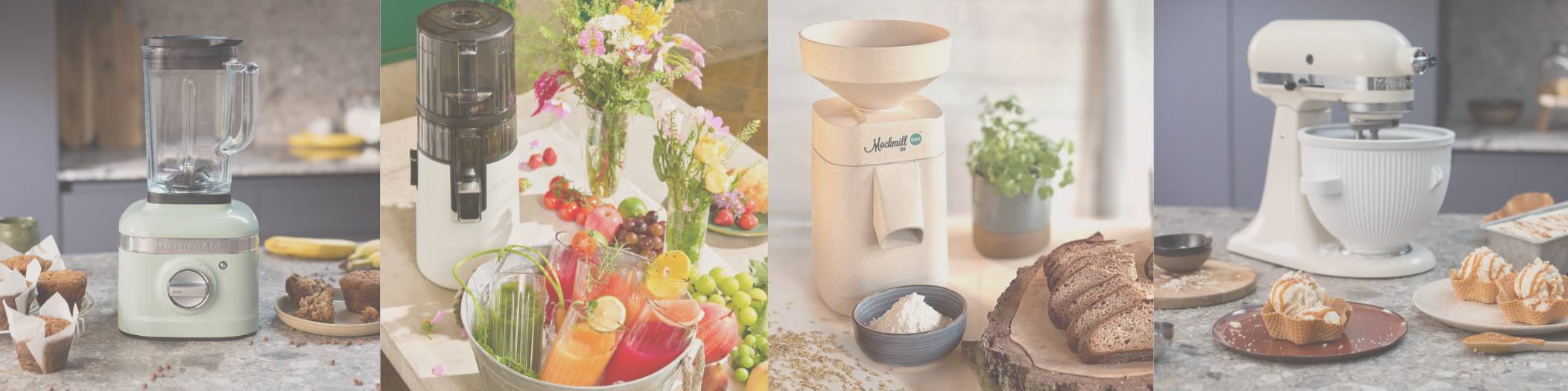 Banner, bestehend aus vier Bildern, v.r.n.l. KitchenAid Standmixer in Pistazie, Hurom Entsafter in weiß, Mockmill Mühle und KitchenAid Küchenmaschine
