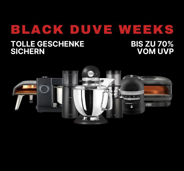 Black Duve Weeks Werbebanner: Verschiedene Küchengeräte wie Küchenmaschinen, Pizzaöfen und Mixer auf schwarzem Hintergrund, mit dem Hinweis ‚Bis zu 70 % vom UVP‘ und ‚Tolle Geschenke sichern