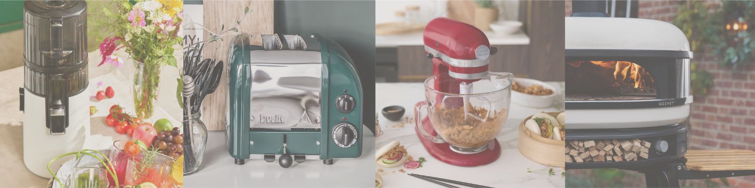 Collage aus weißem Hurom Entsafter, grünem Dualit Toaster, roter KitchenAid Küchenmaschine und cremefarbenen Gozney Pizzaofen