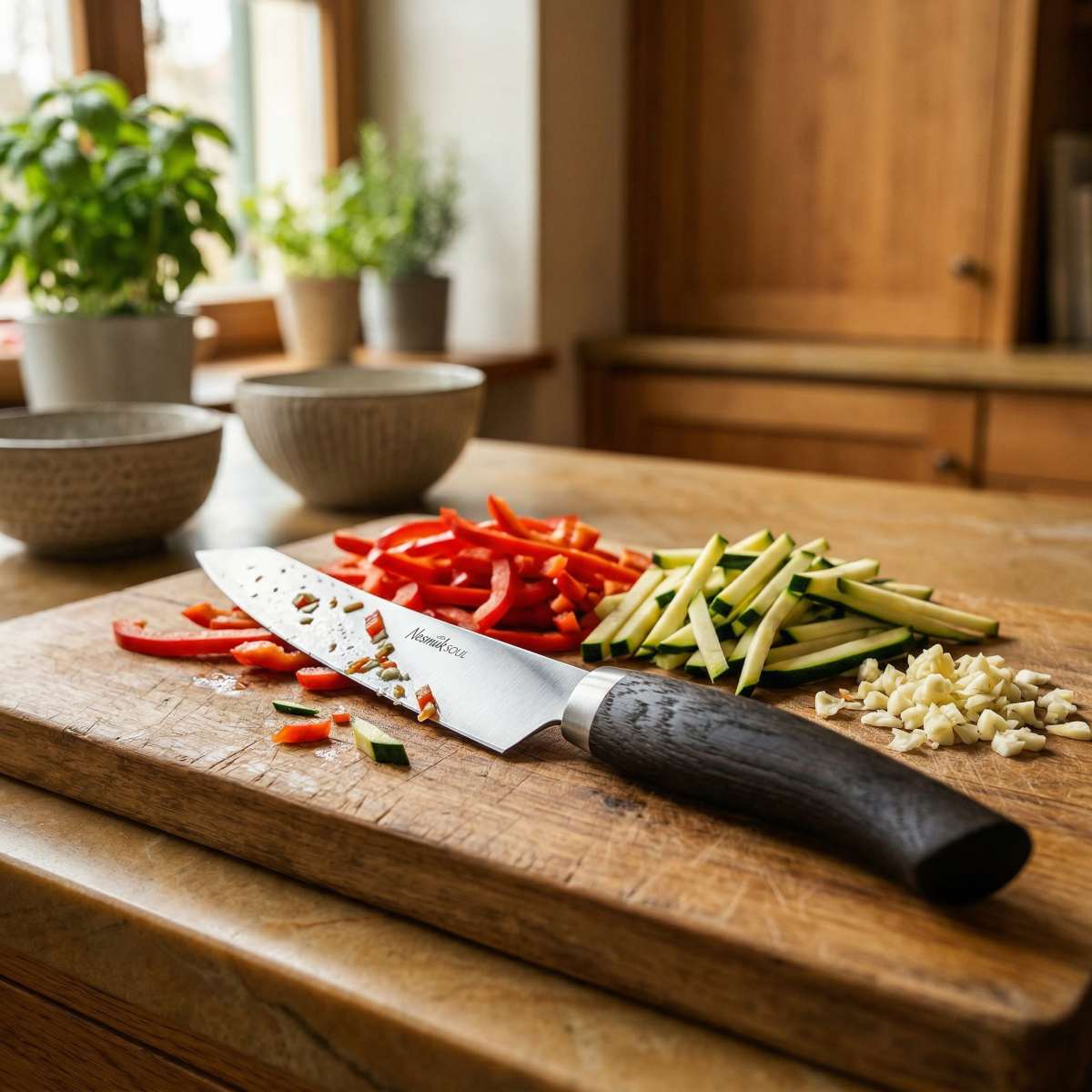 Nesmuk SOUL Slider 160 Küchenmesser mit Holzgriff auf Holzschneidebrett mit frisch geschnittenem Gemüse
