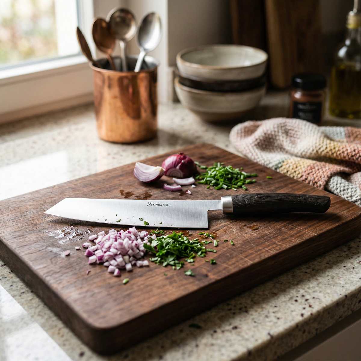 Nesmuk SOUL Kochmesser 180 auf einem Holzschneidebrett mit frisch geschnittenem Gemüse