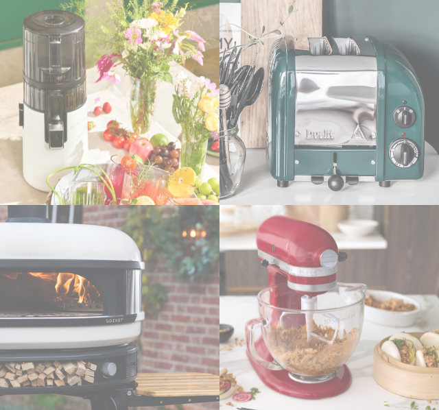 Bildercollage in mobilem Format bestehend aus KitchenAid Küchenmaschine, Hurom Entsafter, Dualit Toaster und Gozney Pizzaofen, hell und freundlich gestaltet