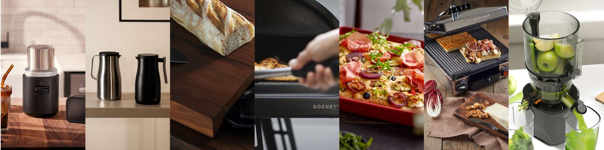 Collage von sieben Bildern verschiedener Produktkategorien wie Thermosannen, Servierbretter, Pizzaöfen, Kontaktgrill und Entsafter