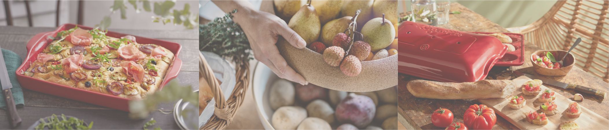 Collage aus drei Fotos mit Emile Henry Produkten, links eine Backform mit Foccacia, mittig eine Obstschale und rechts eine Baguette-Backform in rot