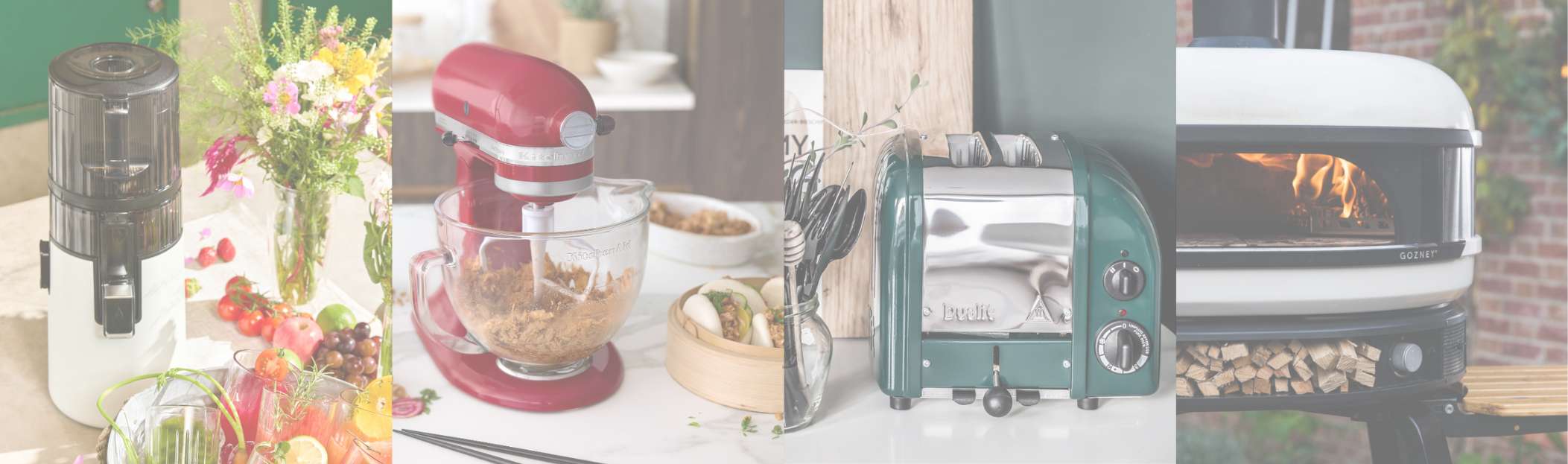 Collage aus Hurom Entsafter in weiß, KitchenAid Küchenmaschine in rot, Dualit Toaste in grün und Gozney Pizzaofen in creme, vier einzelne Bilder nebeneinander