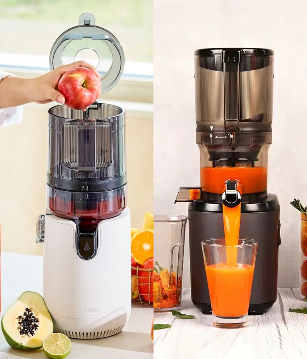 geteiltes Bild, links ein weißer Hurom Entsafter, rechts ein schwarzer Kuvings Entsafter