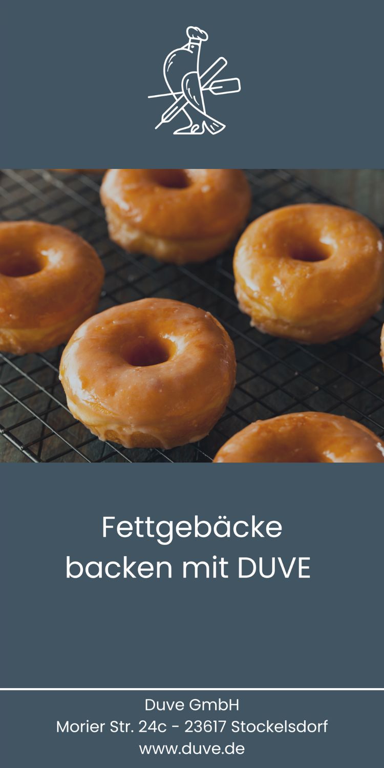 Flyer mit dem Titel Fettgebäck backen mit Duve und einem Foto von frisch gebackenen Donuts