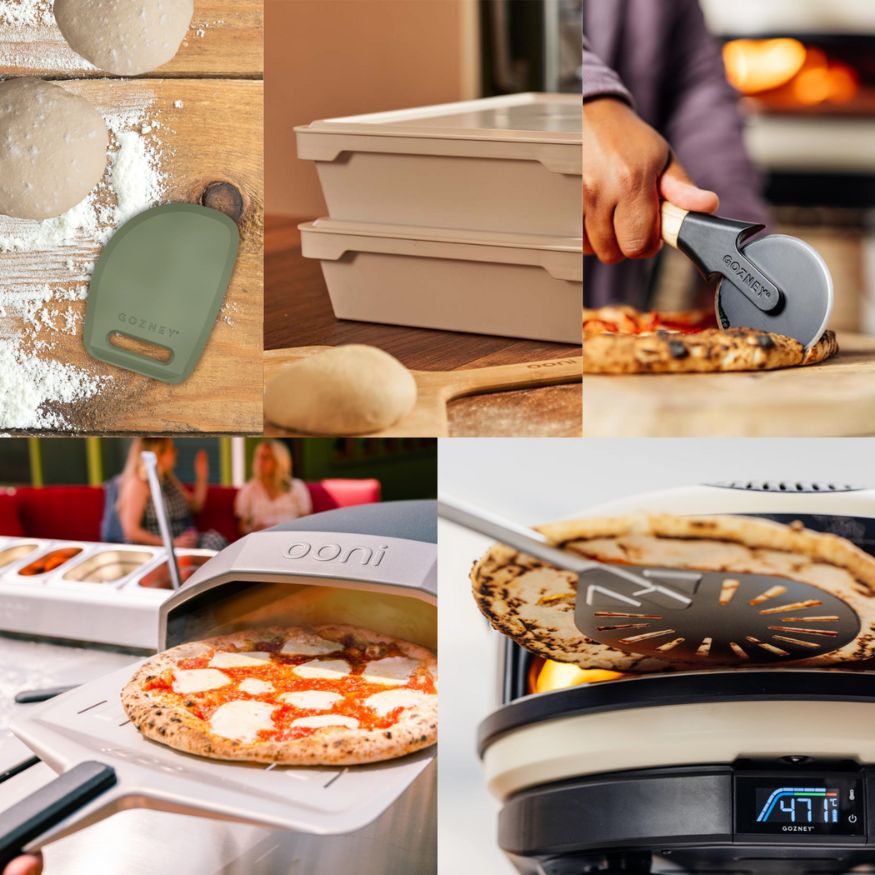 Collage aus mehreren Gozney-Zubehör-Fotos, Teigschaber, Teigboxen, Teigschneider, Pizzaschieber und Pizzawender