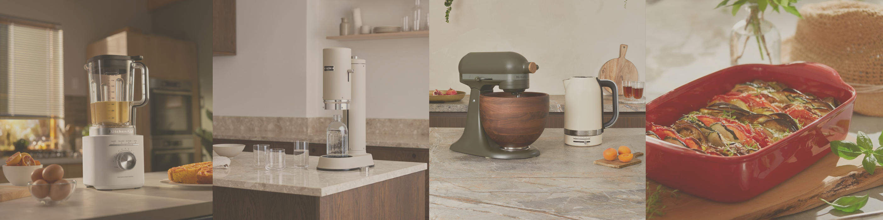 Küchenaccessoires in Collage: Standmixer, Wassersprudler, Küchenmaschine mit Holzschüssel, Wasserkocher und rote Auflaufform mit Ratatouille