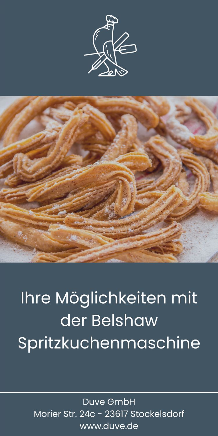 Broschüre mit einem Bild von Spritzkuchen und der Aufschrift Ihre Möglichkeiten mit der Belshaw Spritzkuchenmaschine