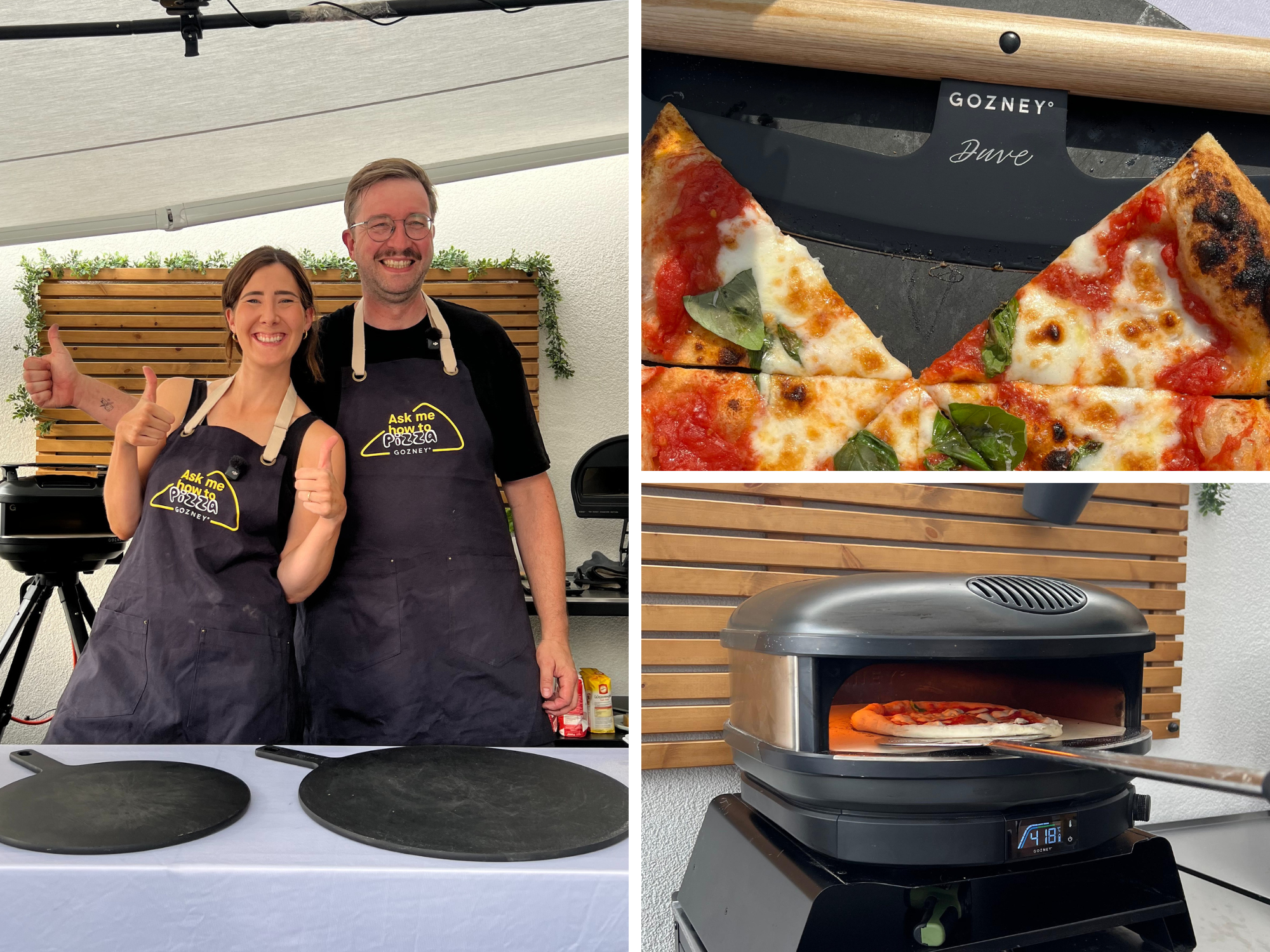 Foto von Laura und Pizzaprofi Malte, frischgebackene Pizza und ein schwarzer Gozney Arc XL Pizzaofen