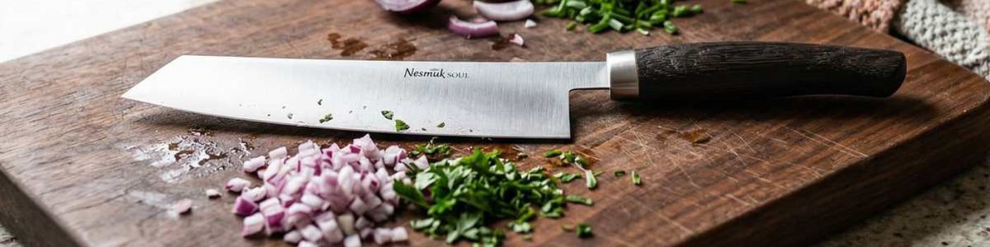 Nesmuk Küchenmesser Nahaufnahme auf Holzbrett mit geschnittenen Gemüse