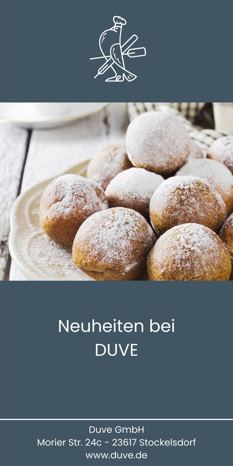 Flyer mit der Aufschrift Neuheiten bei Duve und einem Foto von Quarkbällchen