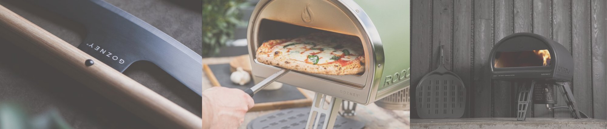 Dreiteiliges Bild in dem der Pizzaofen von Gozney in verschiedenen Szenrarien dargestellt wird.