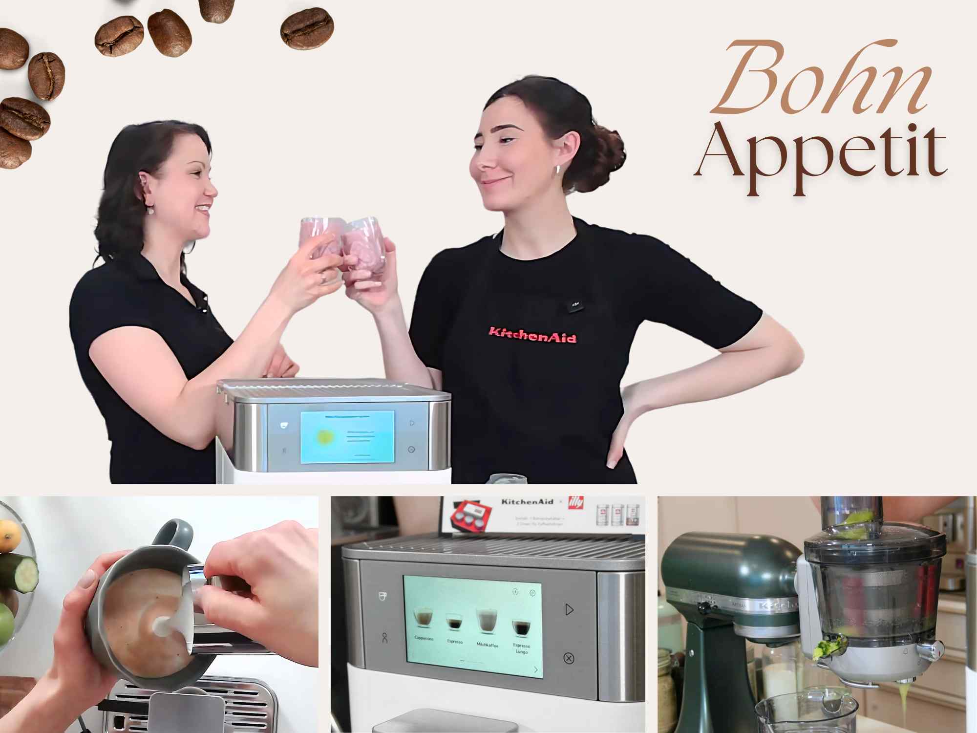 Collage zweier Personen die verschiedene Produkte, wie Kaffemaschinen und Entsafter, benutzen