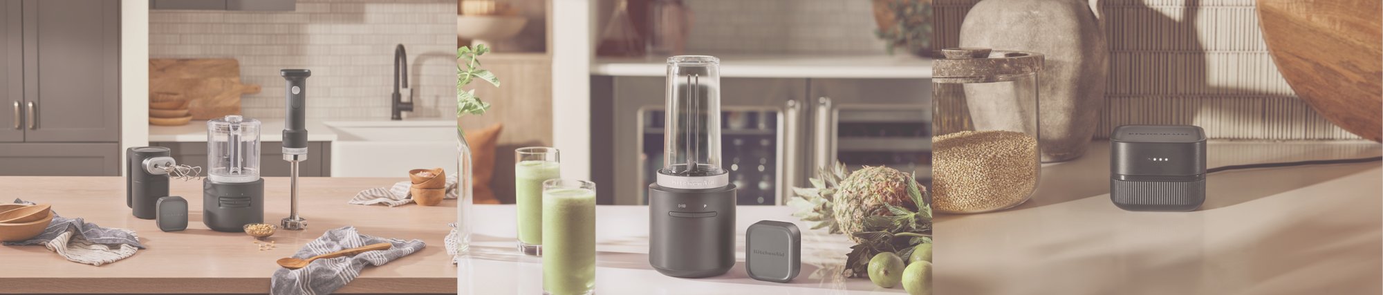 Collage aus mehreren GoCordless Produkten der Marke Kitchenaid darunter Stabmixer mit Zubehör, Standmixer und Ladestation