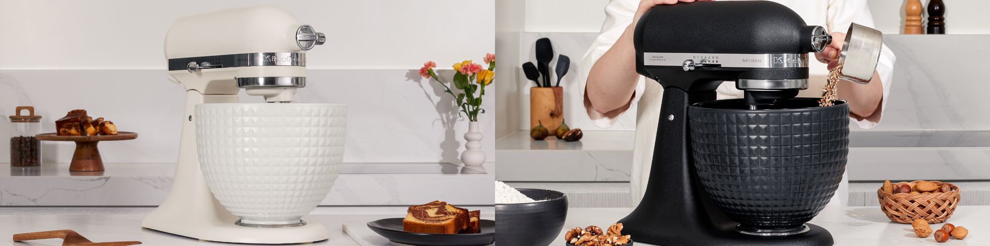 Zweiteilige Collage mit Bildern der Artisan Küchenmaschine der Marke KitchenAid in der Farbe Weiß und Schwarz