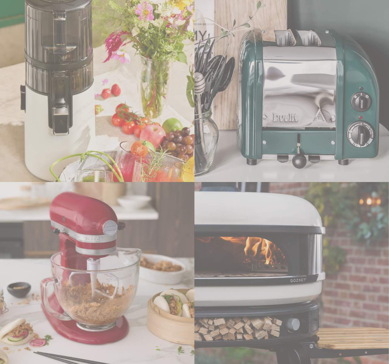 Vorteilige Collage verschiedener Küchengeräte, darunter Dualit Toaster, Gozney Pizzaofen und KitchenAid Küchenmaschine.