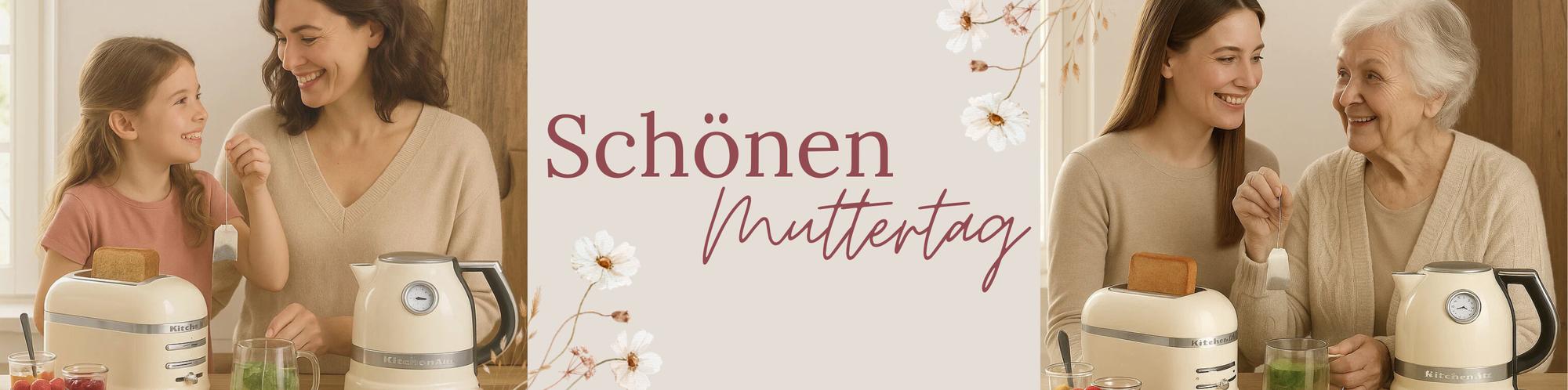 Stilvolle Collage mehrerer Personen, welche die Nutzung von KitchenAid Produkten wie Toaster und Wasserkochern zeigt.