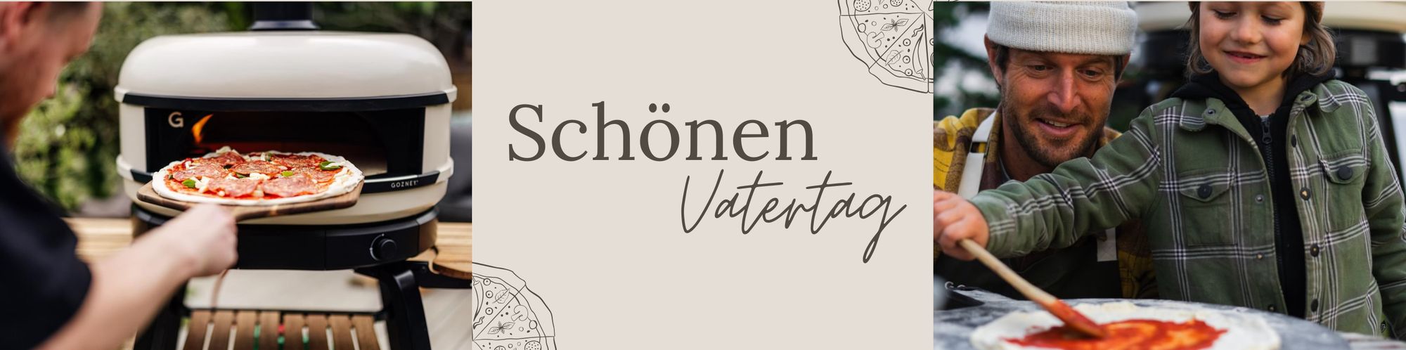 Banner zum Vatertag mit verschiedenen Szenen wie Vater und Sohn eine Pizza mit dem Pizzaofen der Marke Gozney backen