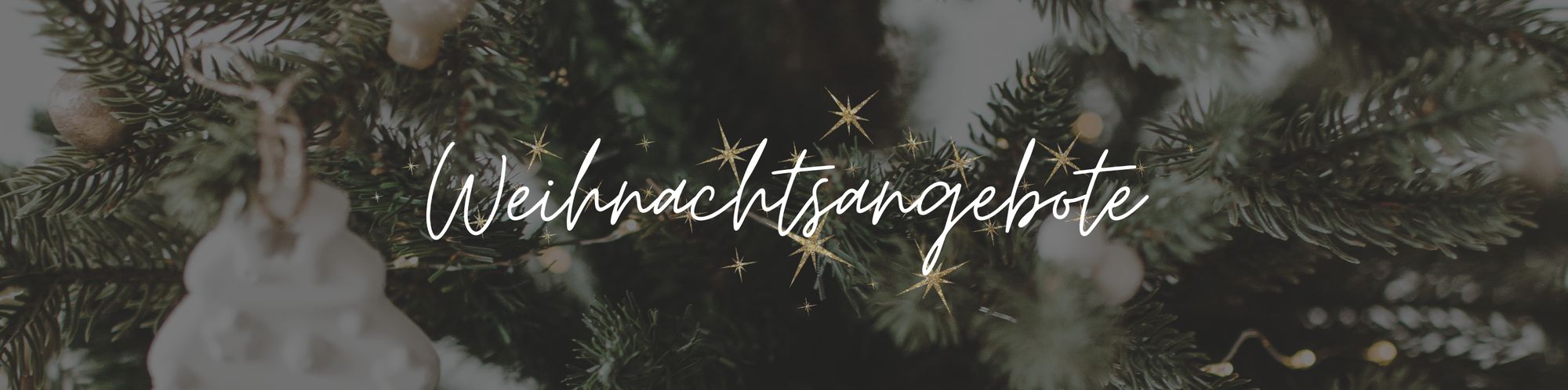 Leicht ausgegrauter Banner mit Tannenzweigen eines Weihnachtsbaumes im Hintergrund. Im Vordergrund ist eine filigrane Schrift mit kleinen Sternen zusehen auf der "Weihnachtsangebote" steht.