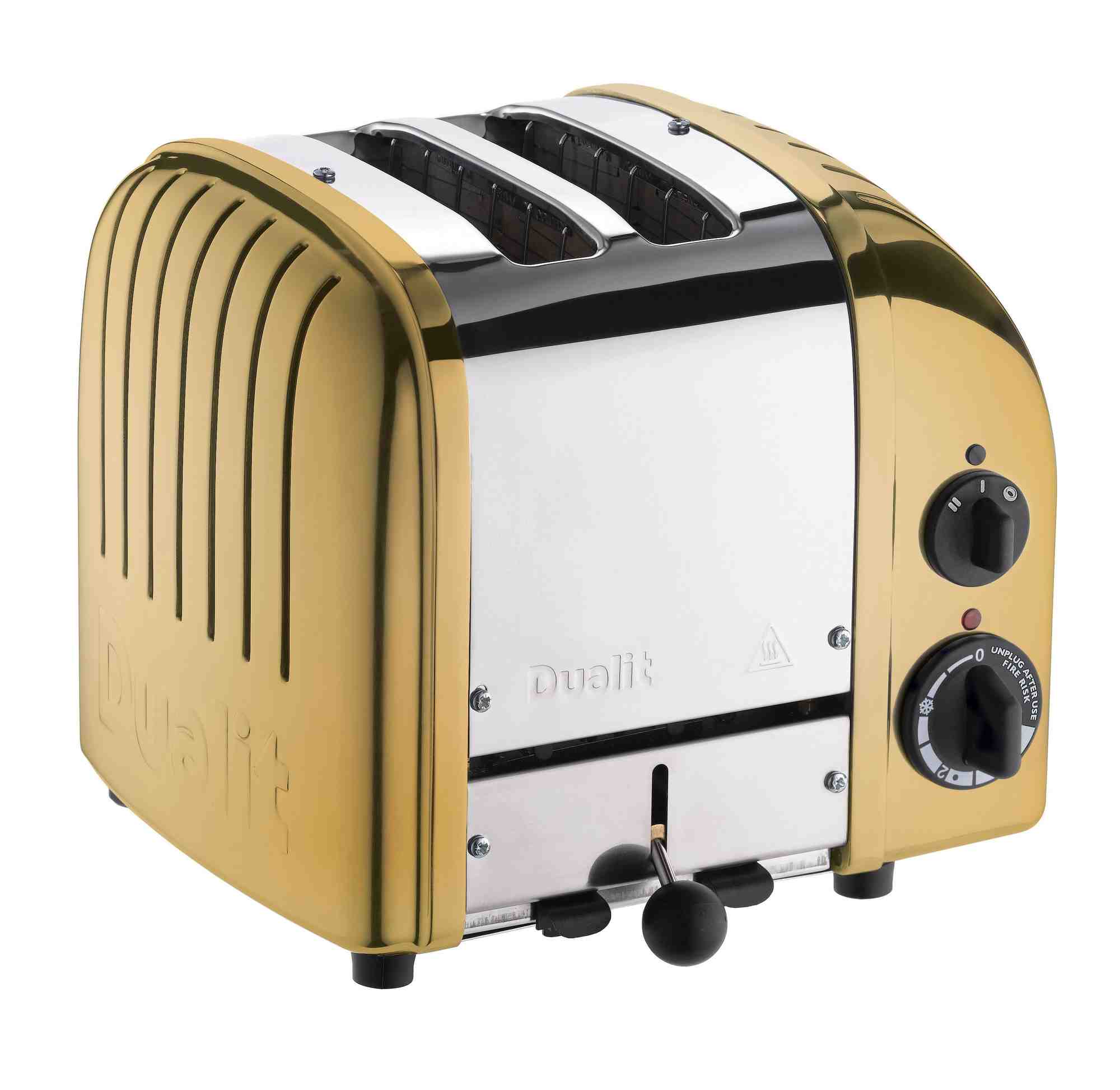 Dualit Toaster mit zwei Schlitzen in der Farbe Gold vor weißen neutralen Hintergrund
