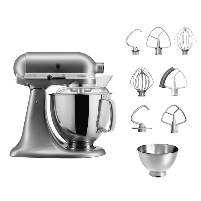 KitchenAid 4,8 L 5KSM175 Artisan Küchenmaschine Steellover mit Edelstahl-Werkzeugen